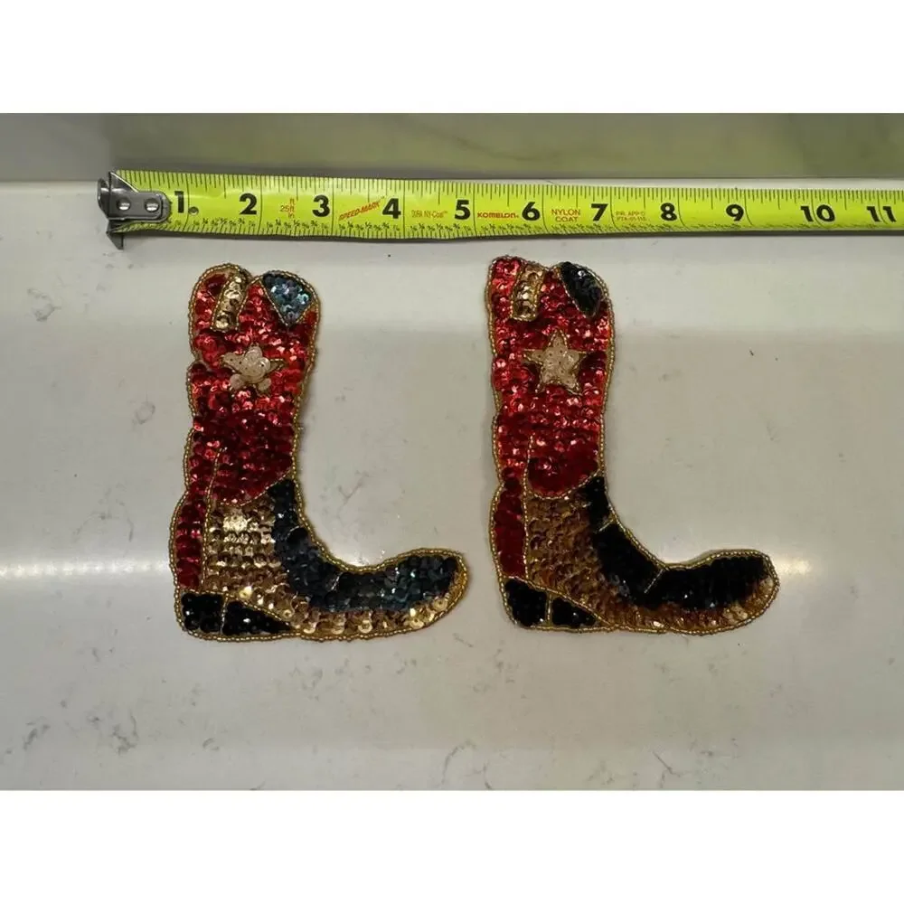 Vintage Cowboy Boot Red, Blue Gold Sequin Beaded Patch Appliqué